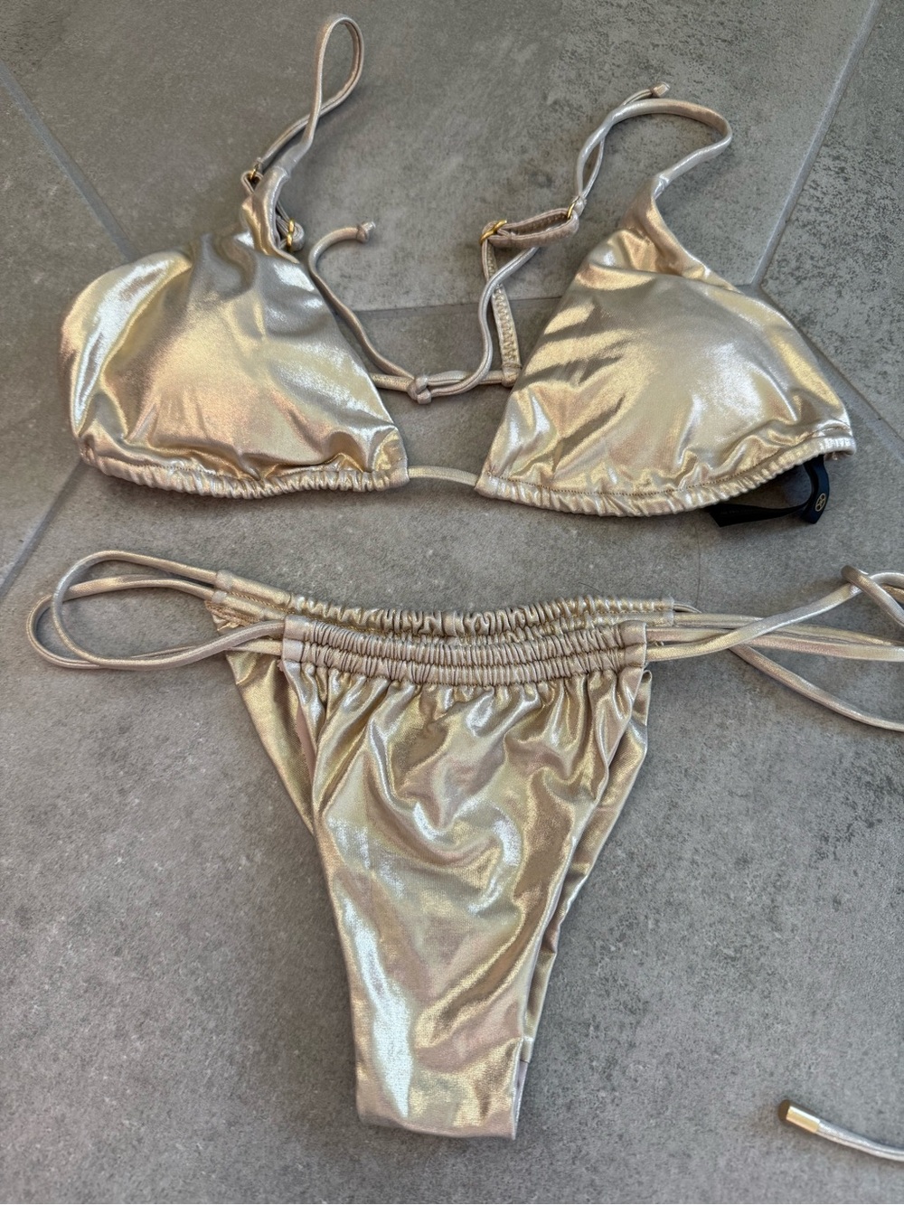 Metallic Champagne String Bikini - Shimmer Triangle Top & Tie-Side Bottoms